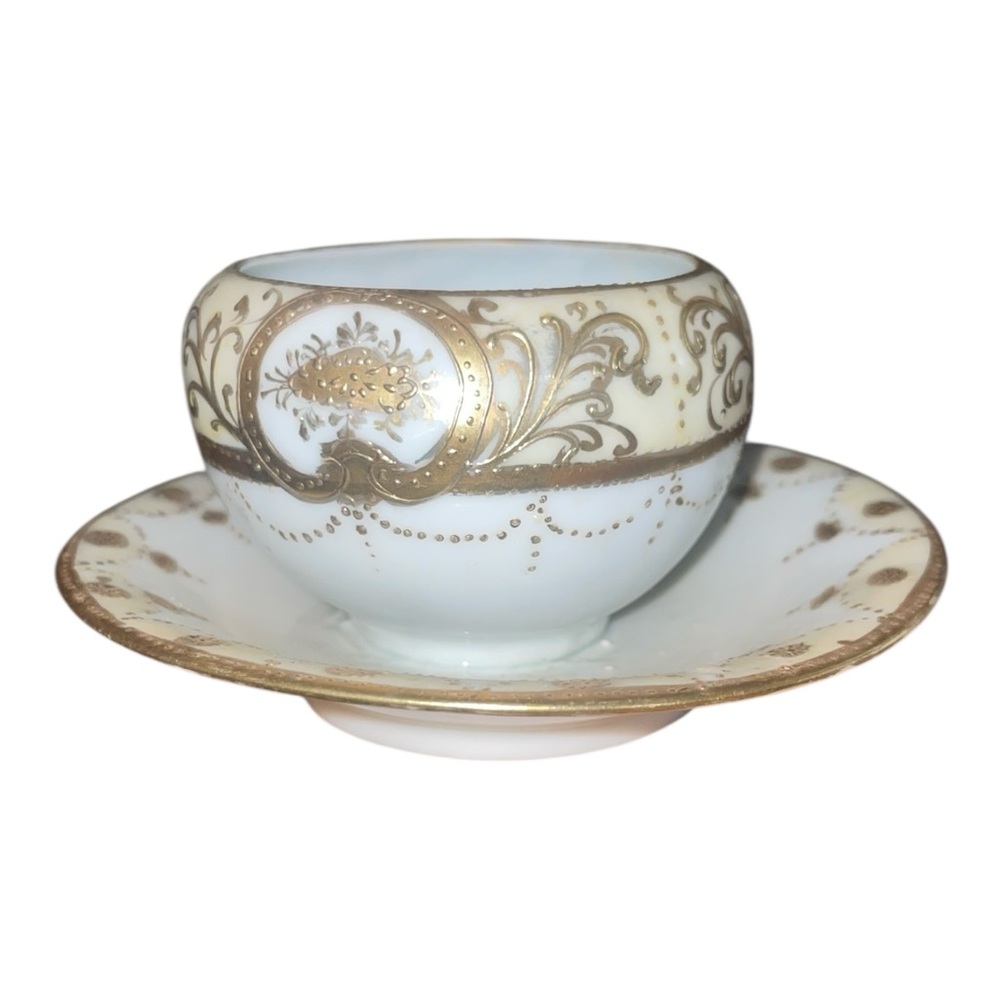 Nippon porcelain Pedestal Bowl W/ Ornate Gold Overlay Detail.